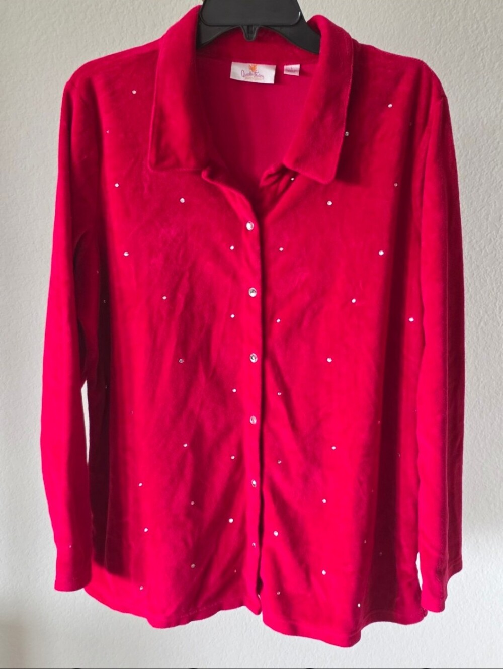 Quacker Factory Red Velour Rhinestone Button Front Cardigan Jacket Size Large